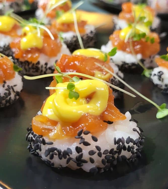 Sesame Rice Discs Topped with Trout recipe