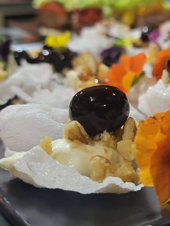 Rice Paper Crisp Topped with Cheese, Nuts & Blueberry Compote recipe