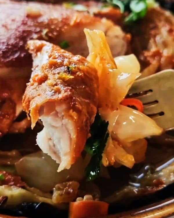 Roast Cabbage Steaks with Chicken Thighs and Red Pepper Sauce recipe