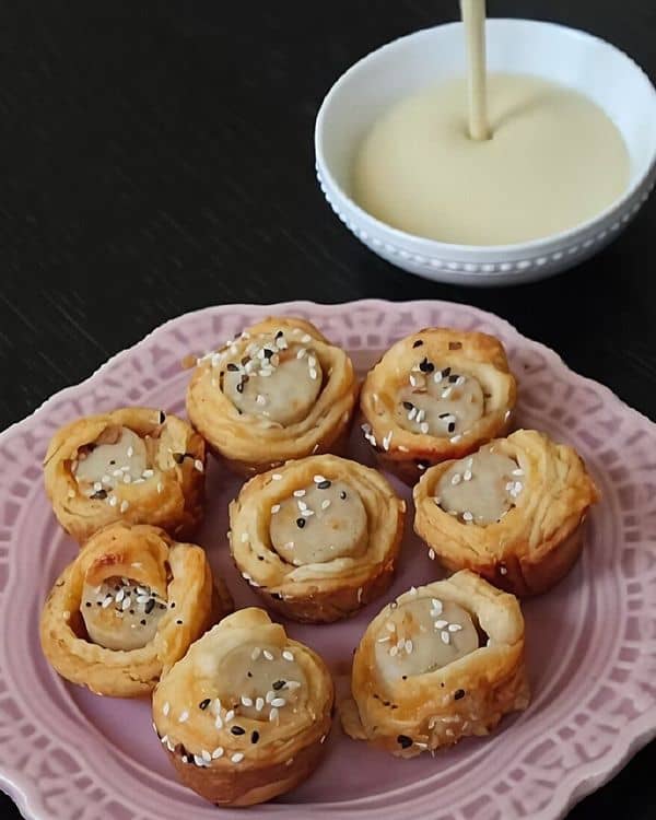 Chicken Cheddar Brat Bites with Tangy Mustard Yogurt Dip recipe