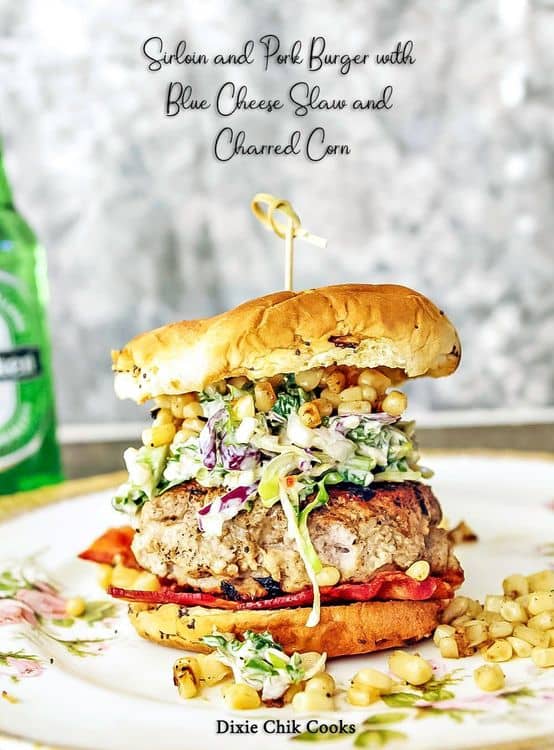 Sirloin and Pork Burger with Blue Cheese Slaw and Charred Corn recipe