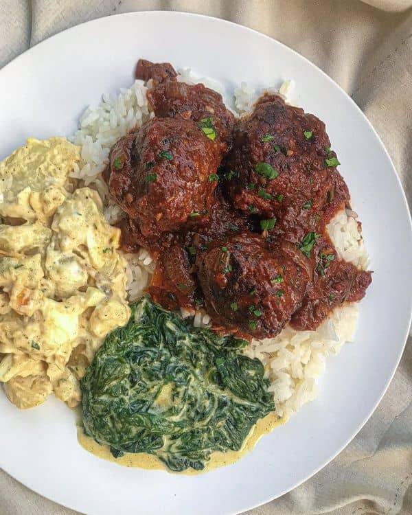 Rice with Meatballs, Potato Salad, and Creamy Spinach recipe