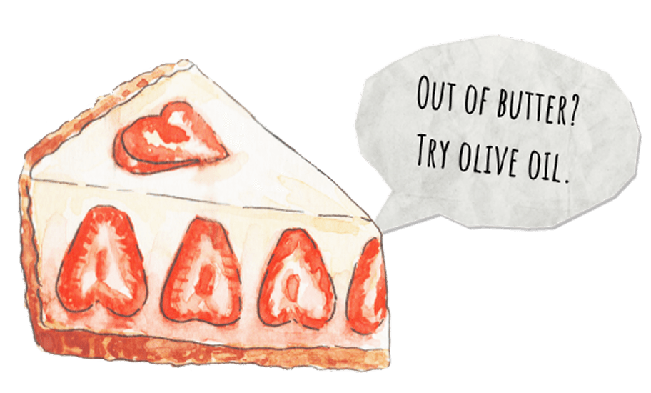 Slice of strawberry tart with a speech bubble suggesting olive oil as a butter swap