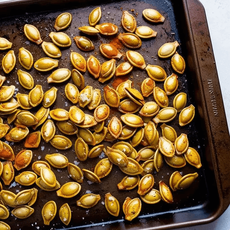 Several Roasted Pumpkin seeds scattered on a tray. 