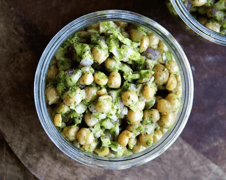 Cilantro lime chickpea salad served in a bowl.