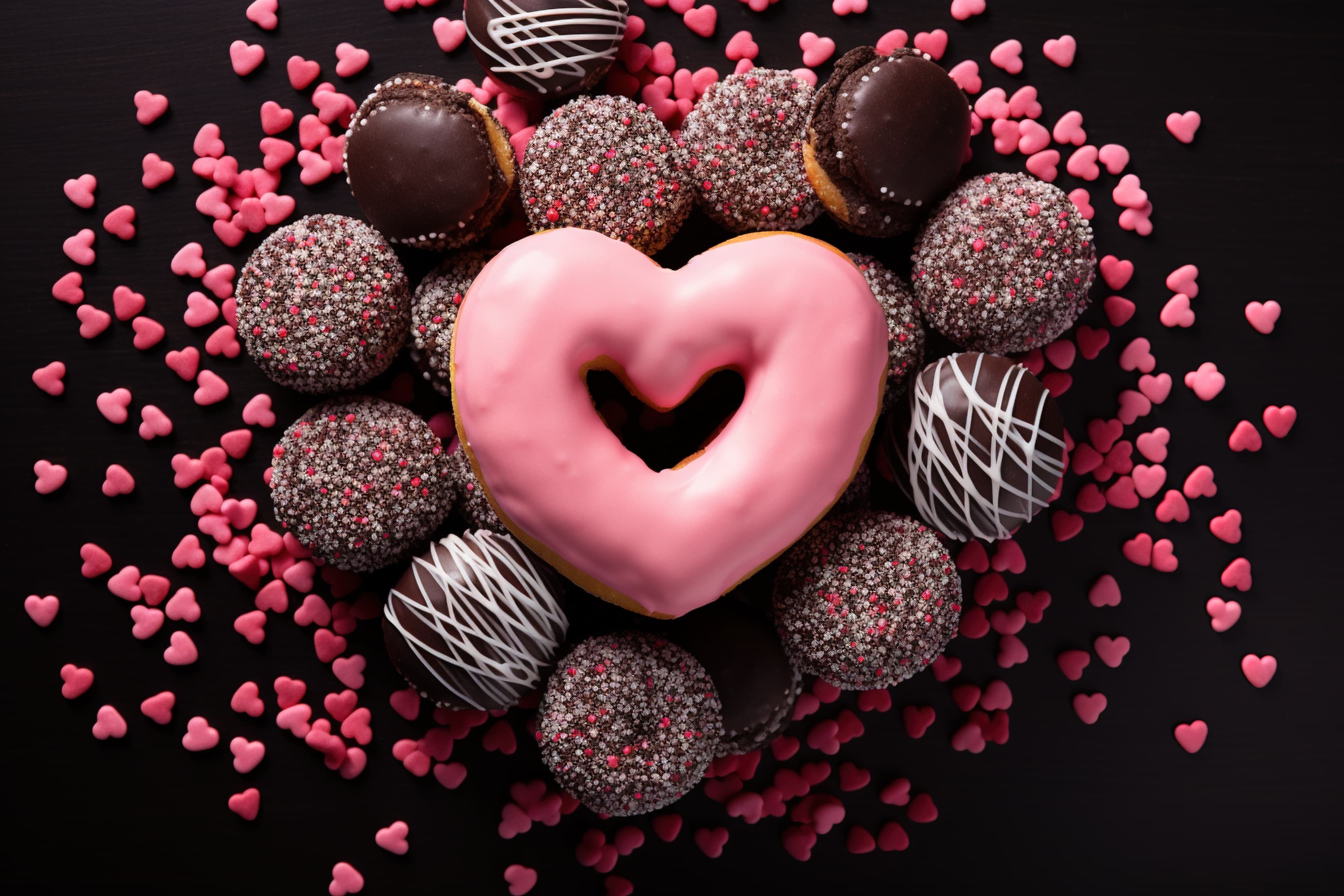  A heartshaped donut surrounded by round donuts contrast