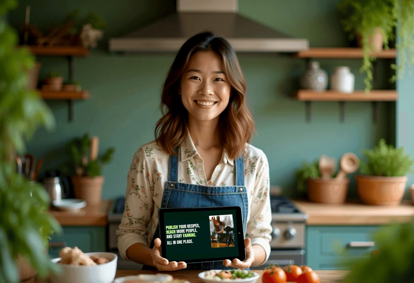 A woman in the kitchen using chefadora in her tablet to note her recipe down