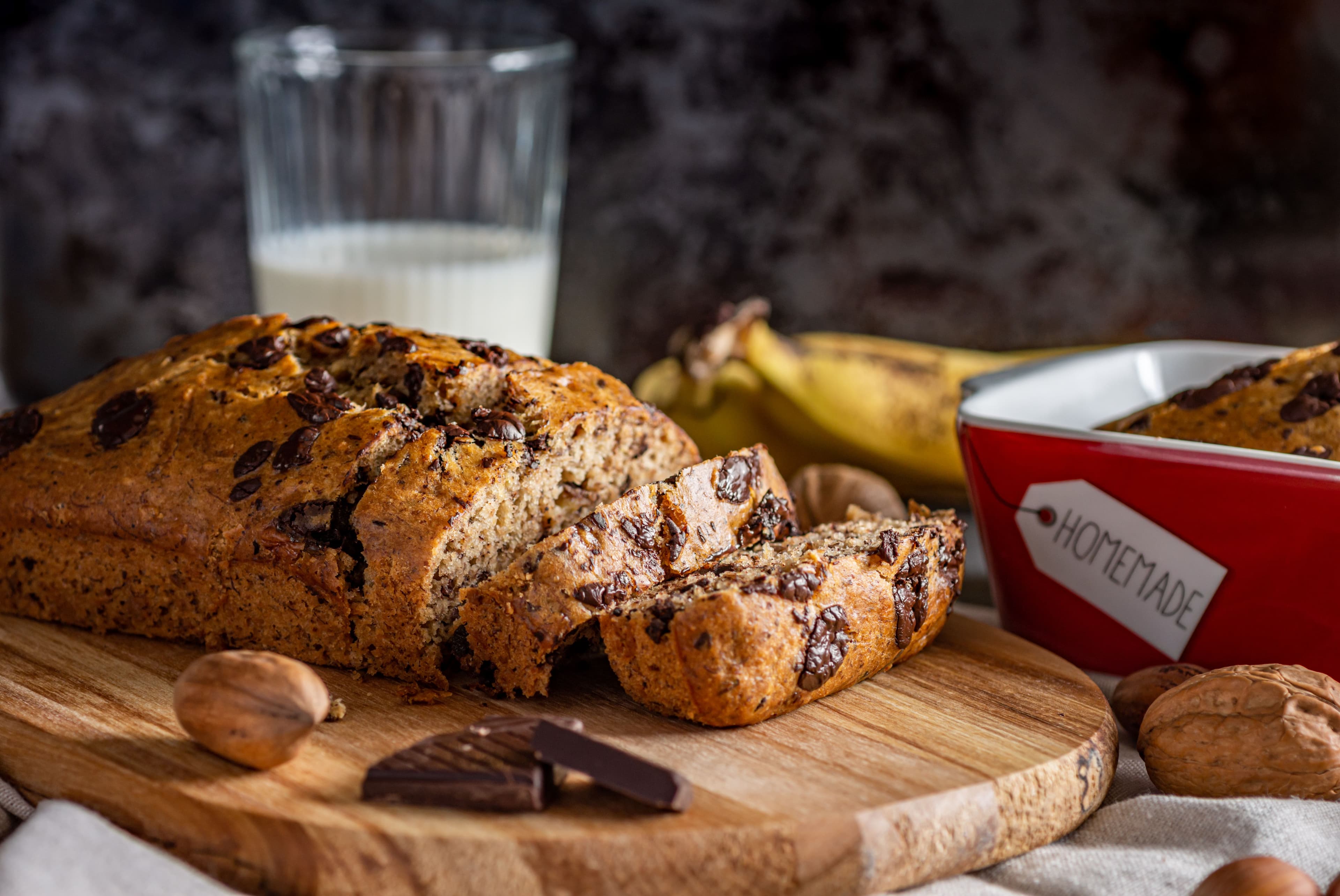 Moist banana bread with chocolate chips