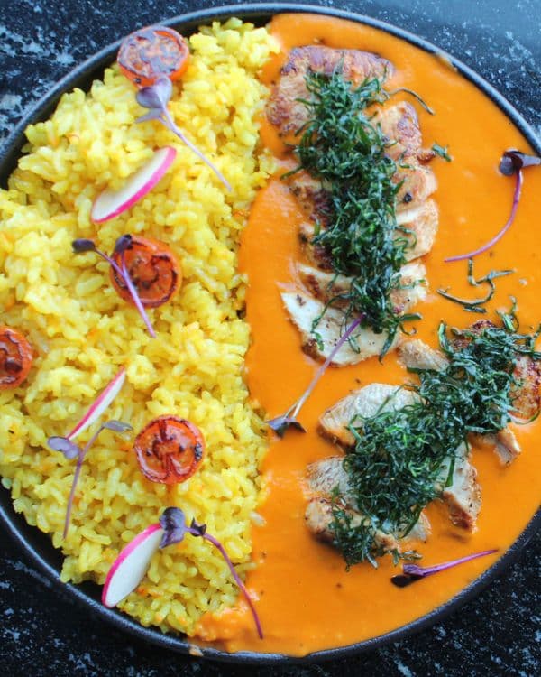 Grilled Chicken with Makhani Marinara Sauce and Saffron Risotto recipe