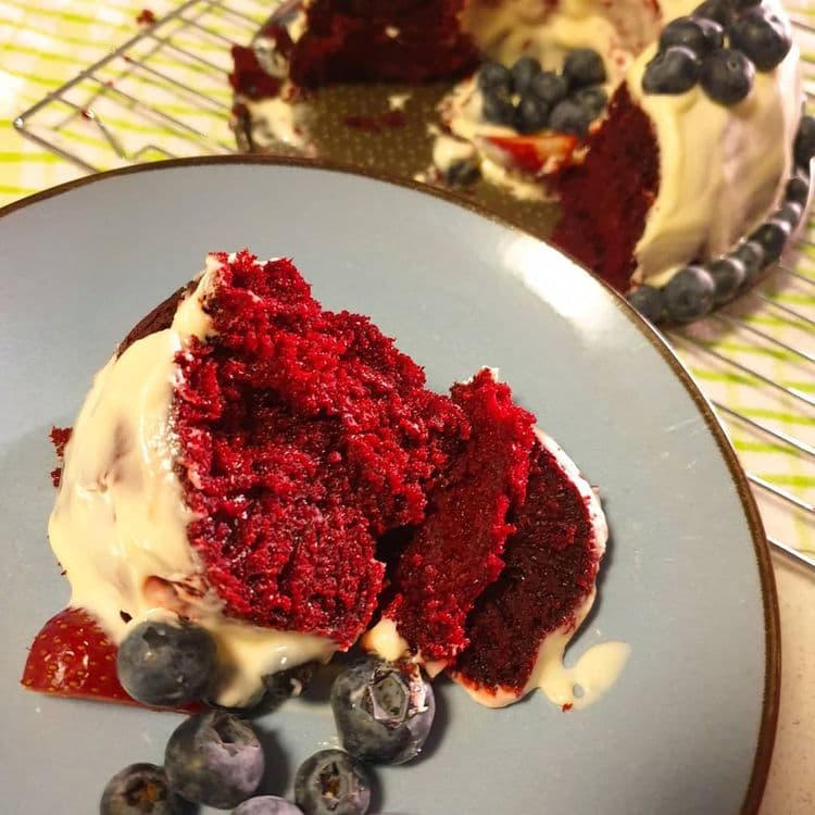 Red Velvet Bundt Cake with Cream Cheese Filling and Blueberries recipe