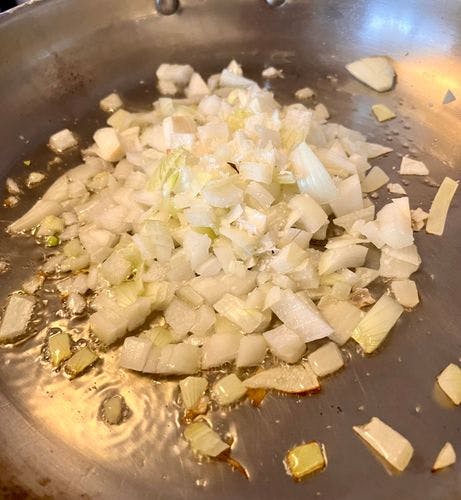 Step 1.1: Place two tablespoons of avocado oil in a medium-sized saute pan over medium heat