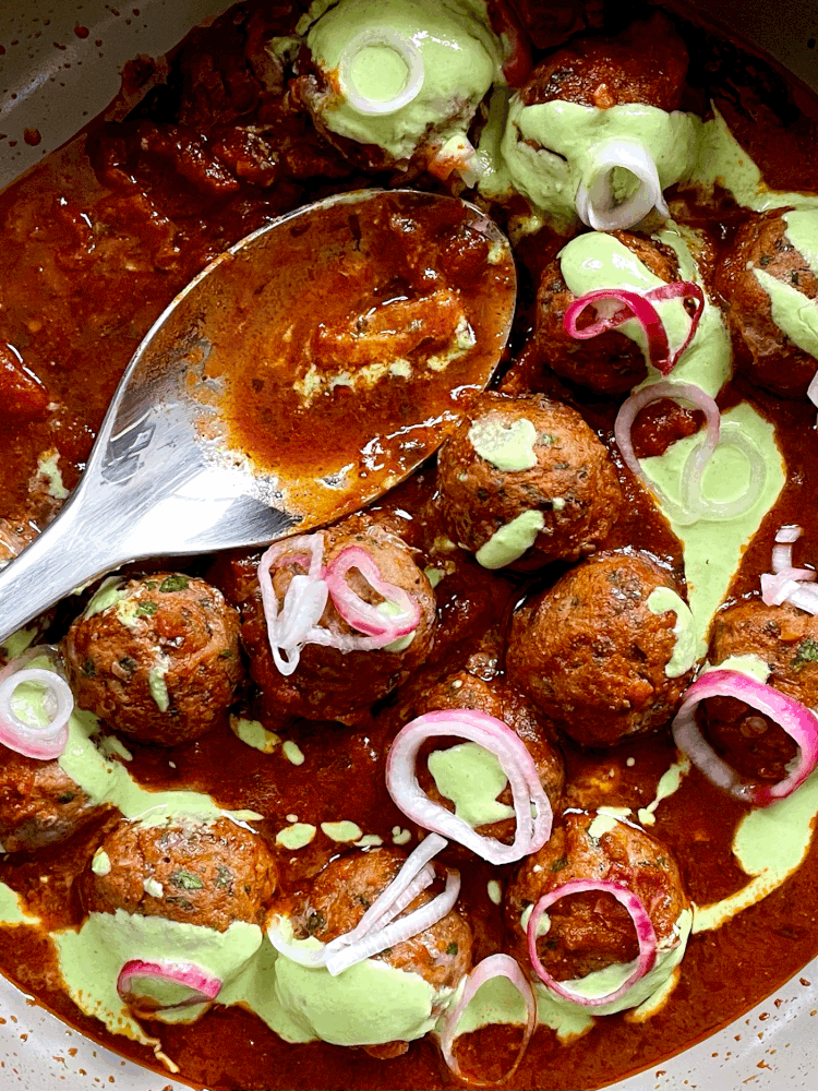 Kefta Meatballs and Tomato Sauce Tagine with Jalapeño & Herb Yoghurt Sauce recipe
