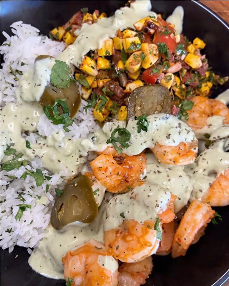 Chipotle Prawn Bowl with Coriander Lime Rice, Corn Salsa & Green Yoghurt Sauce recipe