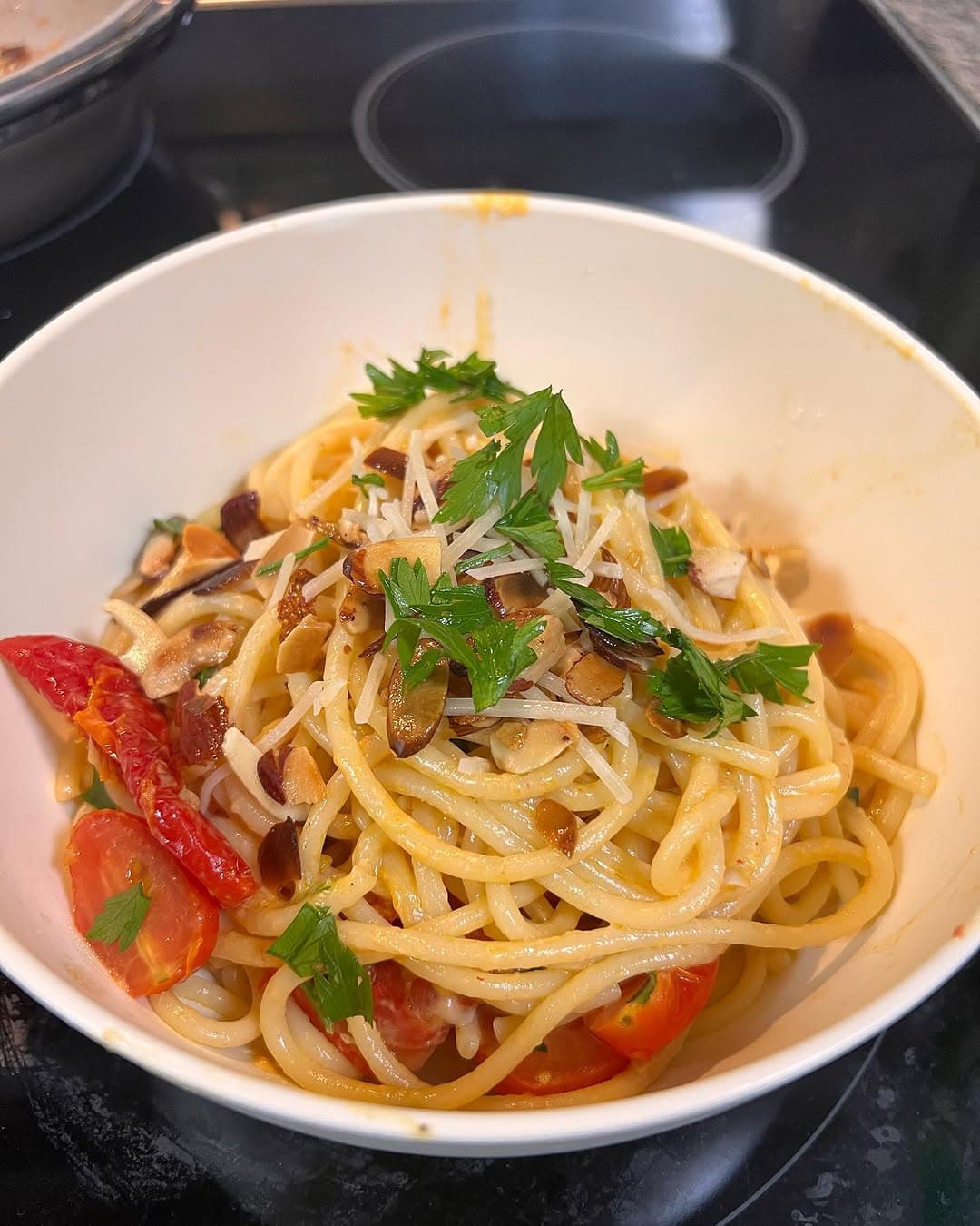 Pasta with Sun-Dried Tomatoes, Garlic, Toasted Almonds, Parsley, and Cream Cheese recipe