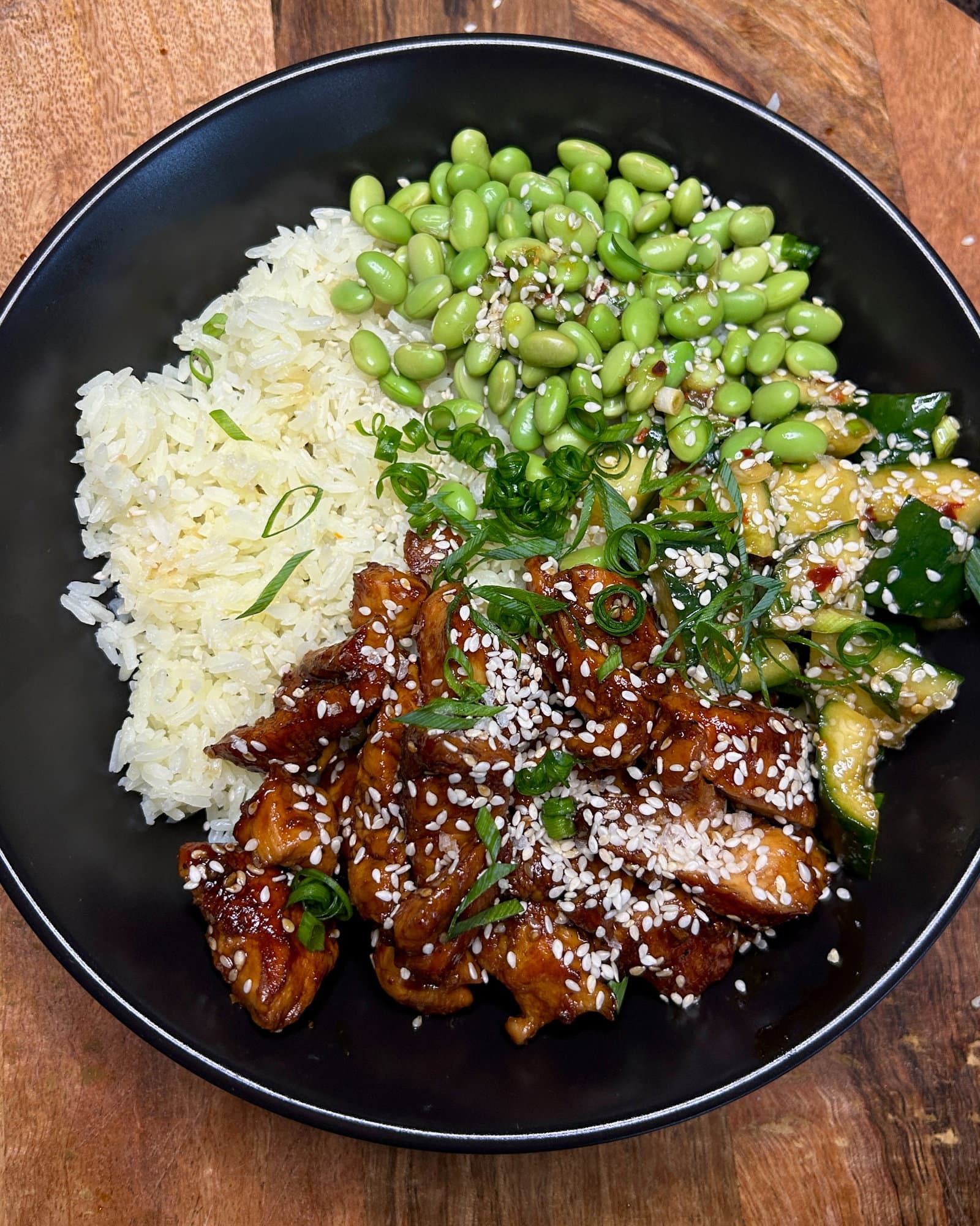 Teriyaki Chicken with Smashed Cucumber Salad and Edamame Beans recipe