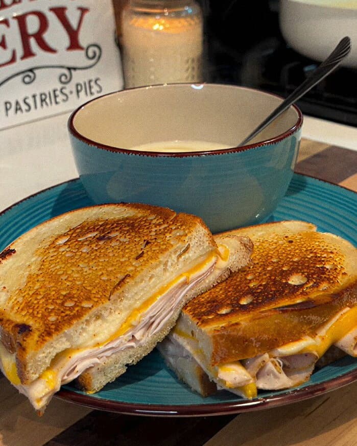 Garlic Parmesan Soup with Turkey Grilled Cheese recipe