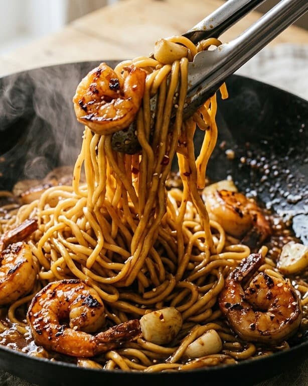 15-Minute Sticky Honey Garlic Prawn Noodles recipe