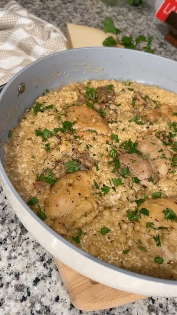 Creamy Garlic Parmesan Couscous & Chicken Thighs recipe