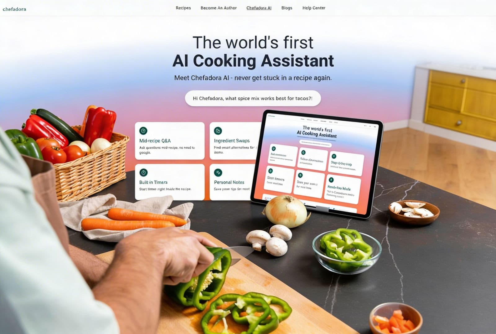 Food creator publishing recipes online using the Chefadora platform to earn money from their cooking. 