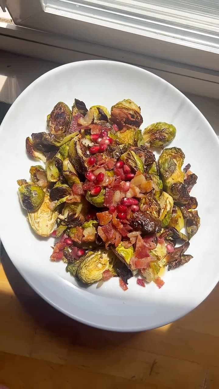Crispy Caramelized Brussels Sprouts with Honey, Bacon, and Pomegranate recipe