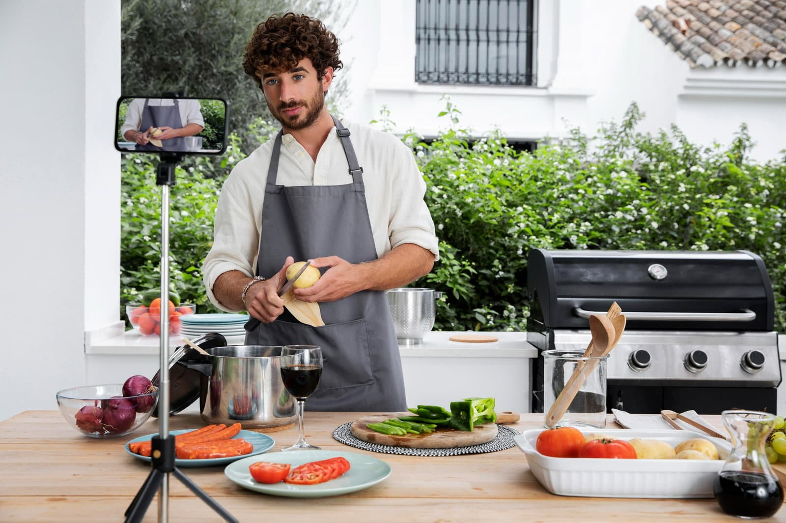 A man cooking and shooting content for his food blog. 