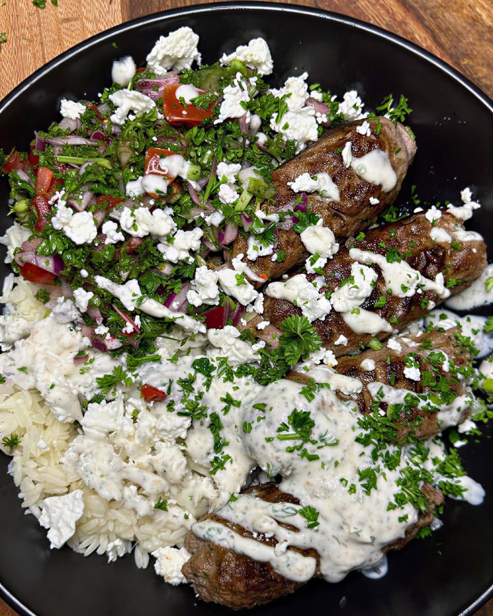 Beef Koftas with Tabbouleh Salad and Garlic-Herb Yoghurt Sauce recipe