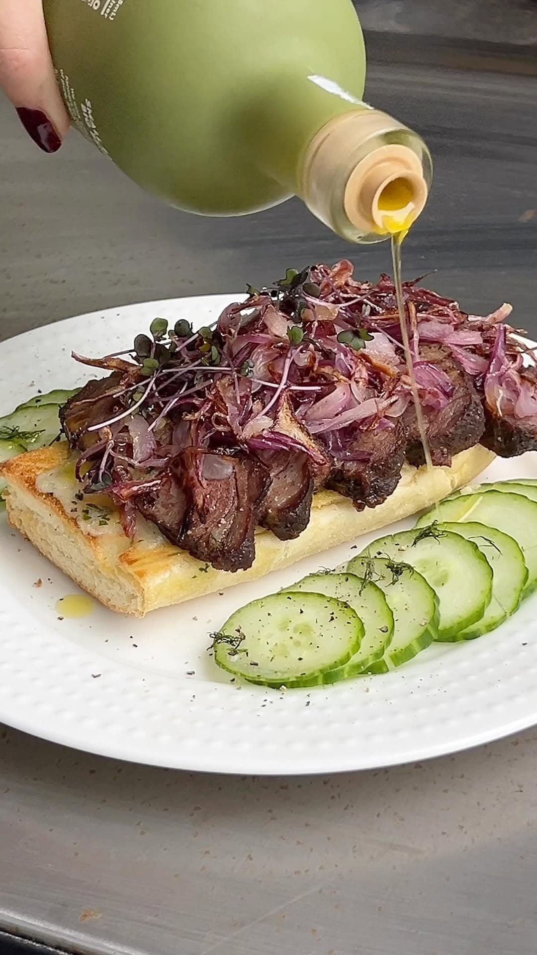 Ribeye Open Face Sandwich with Cucumber, Caramelized Onion, and Sprouts recipe