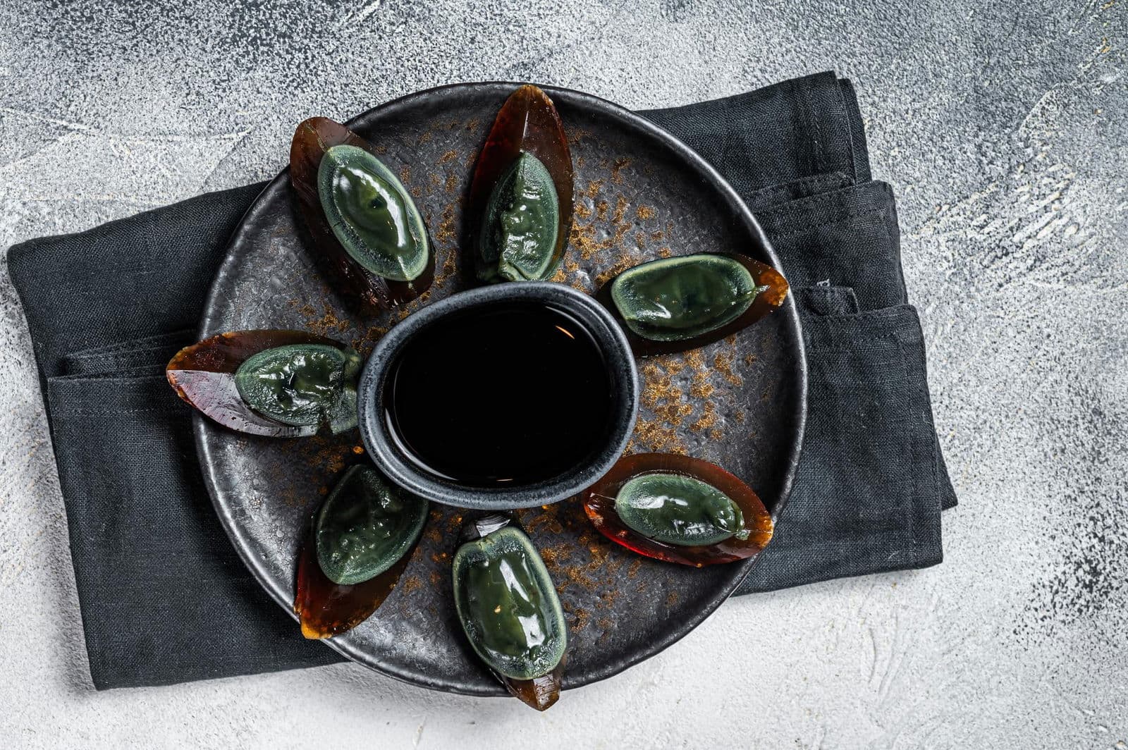 Preserved duck eggs or century egg chinese cuisine white background top view