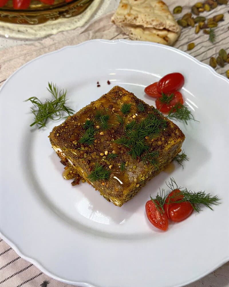 Feta Cheese Cooked in Pistachio Crumbs recipe