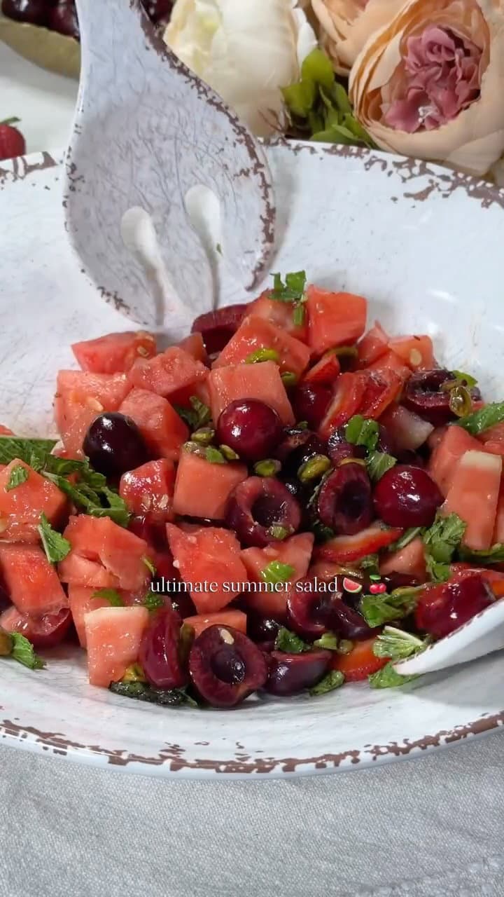 Watermelon, Cherry, and Strawberry Salad with Mint and Pistachios recipe