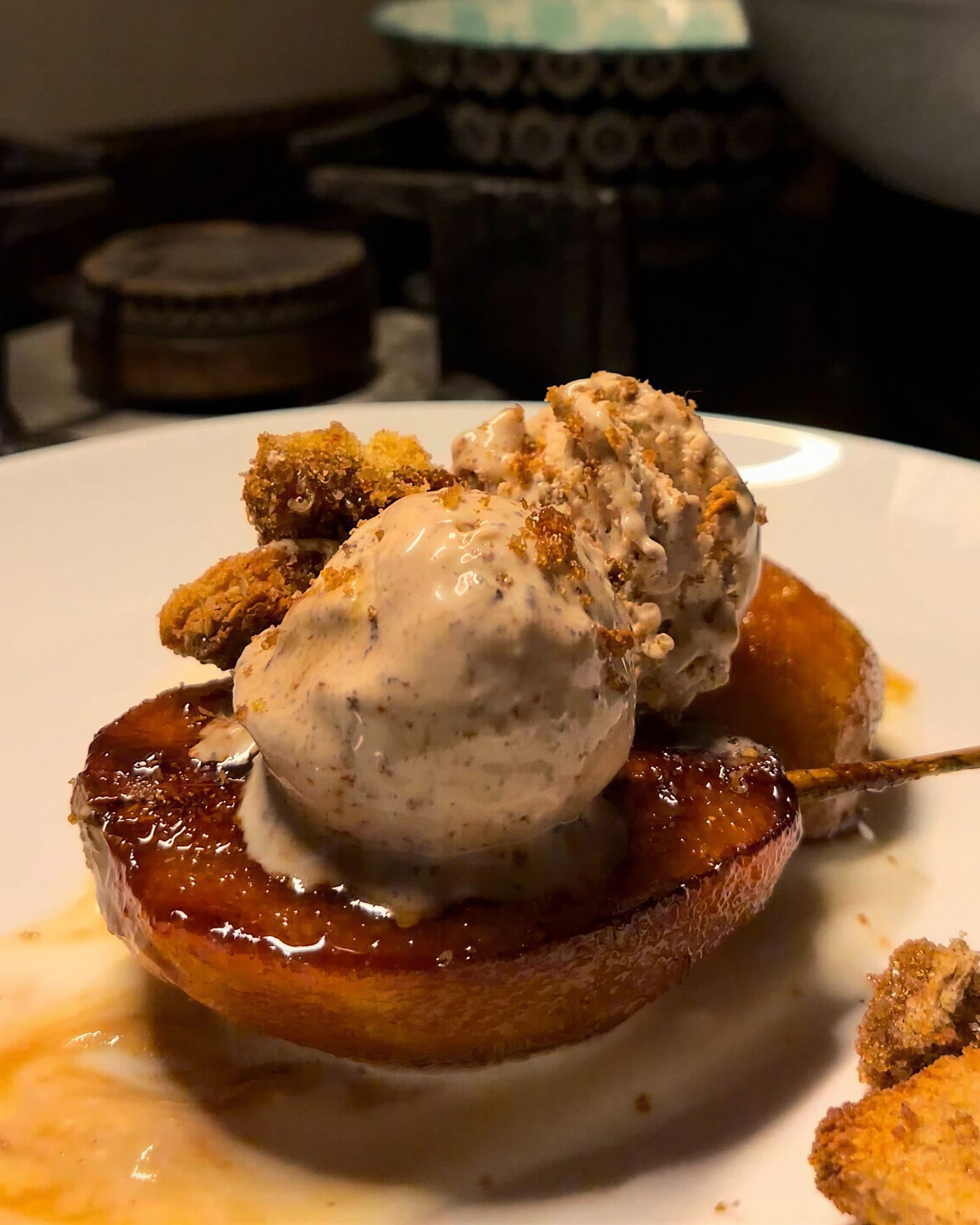Caramelized Pears with Cinnamon Croutons and Hazelnut Ice Cream recipe
