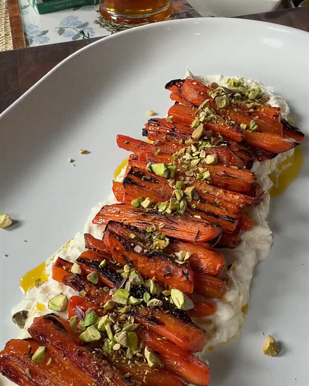Honey Roasted Carrots over Burrata with Pistachios recipe