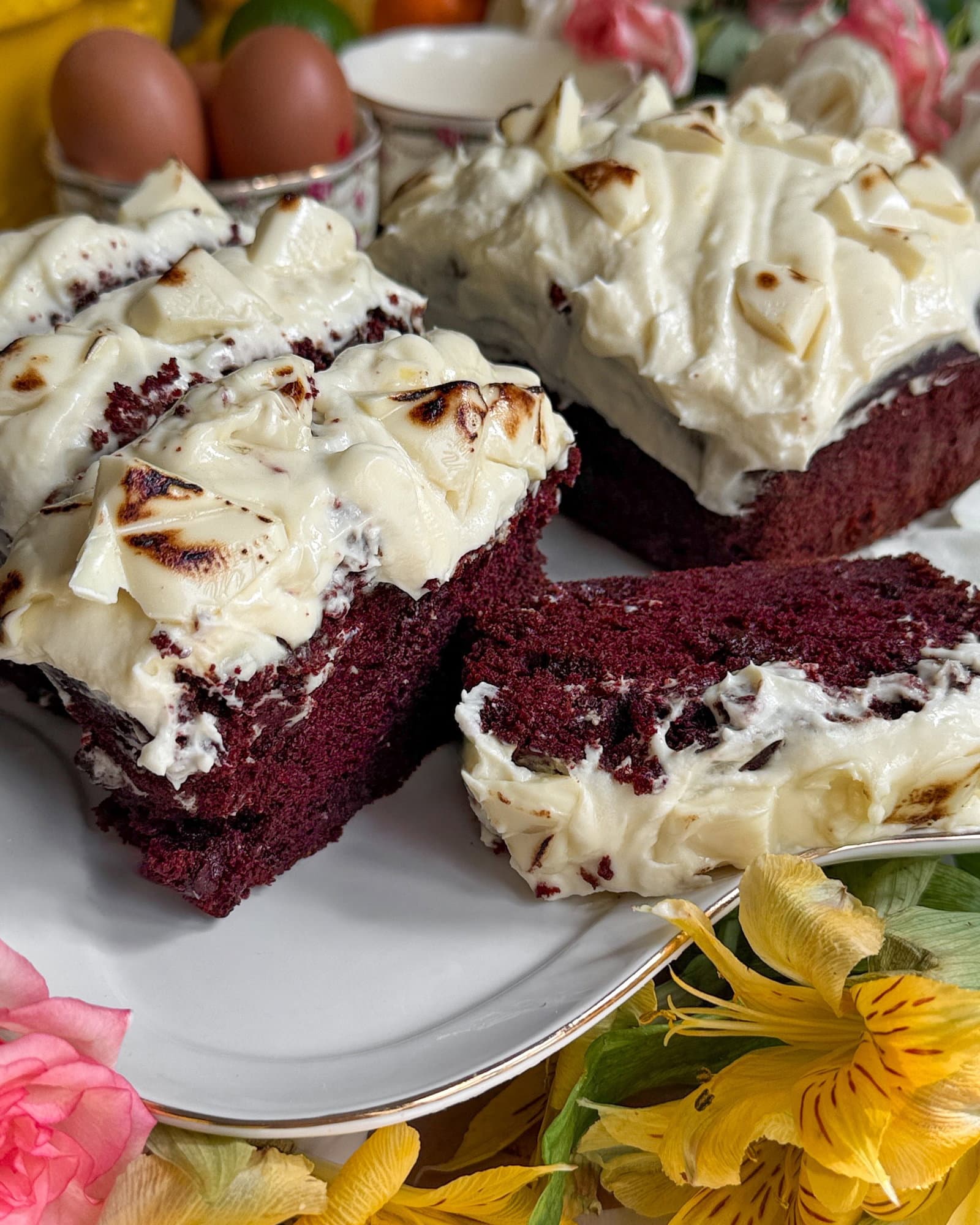 Red Velvet Banana Bread with Cream Cheese Frosting, Topped with Torched White Chocolate recipe