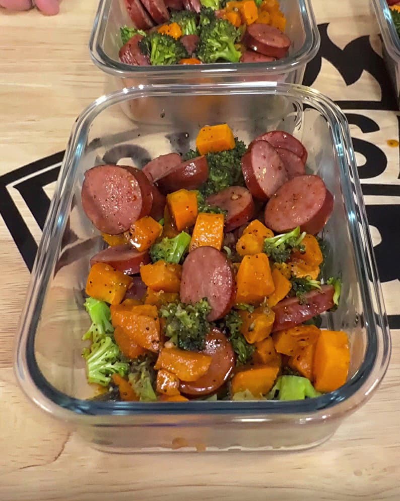 Sticky Honey Garlic Sausage and Sweet Potato Meal Prep (One Pan) recipe
