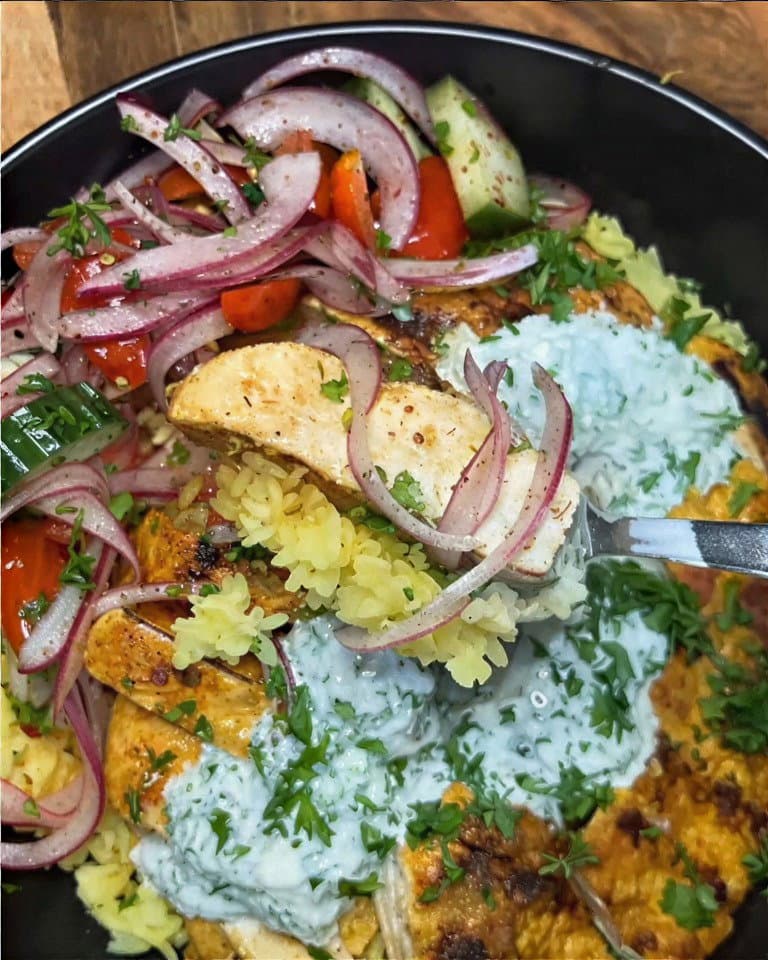 Chicken Shawarma Rice Bowl with Sumac Onion Salad & Garlic Yoghurt Sauce recipe