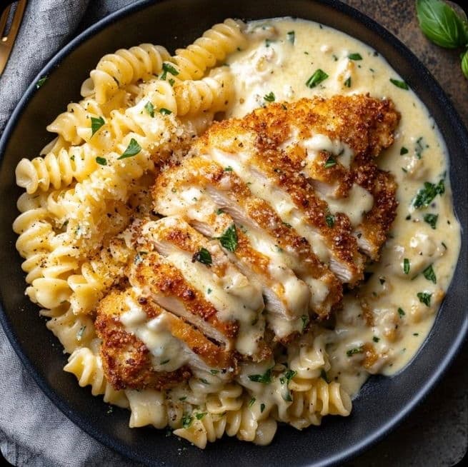 Creamy White Sauce Pasta with Extra Crispy Chicken recipe