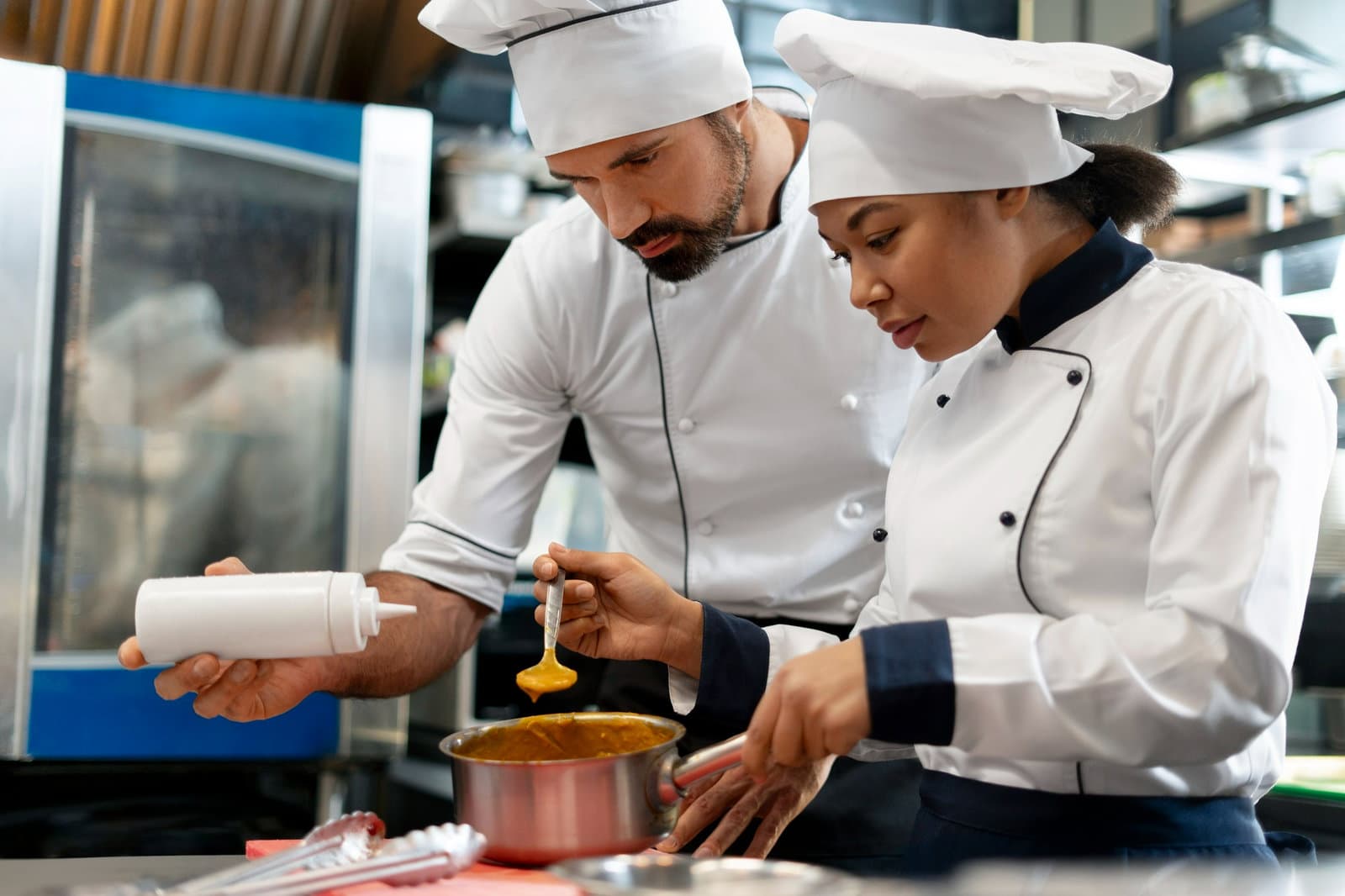 Private chefs cooking together in a professional kitchen while preparing recipes to earn money online without social media