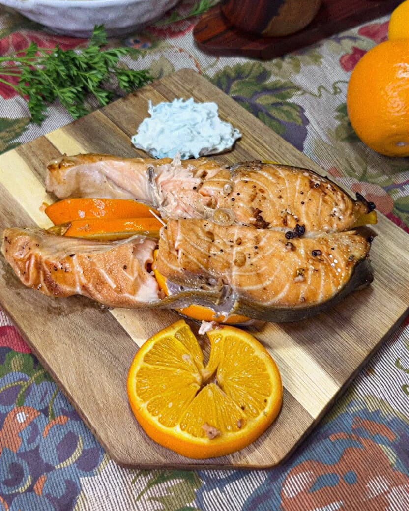 Orange Glazed Salmon Steaks with Yogurt Garlic Sauce recipe