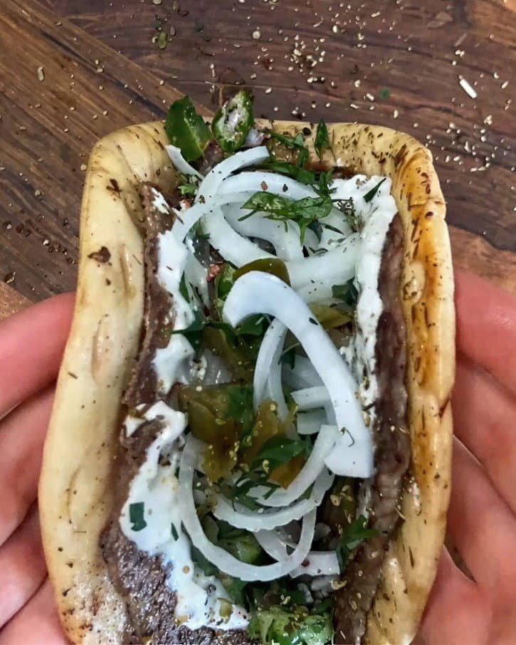 Smashed Lamb Pita with Tomato Cucumber Salad & Garlic Herb Yoghurt recipe