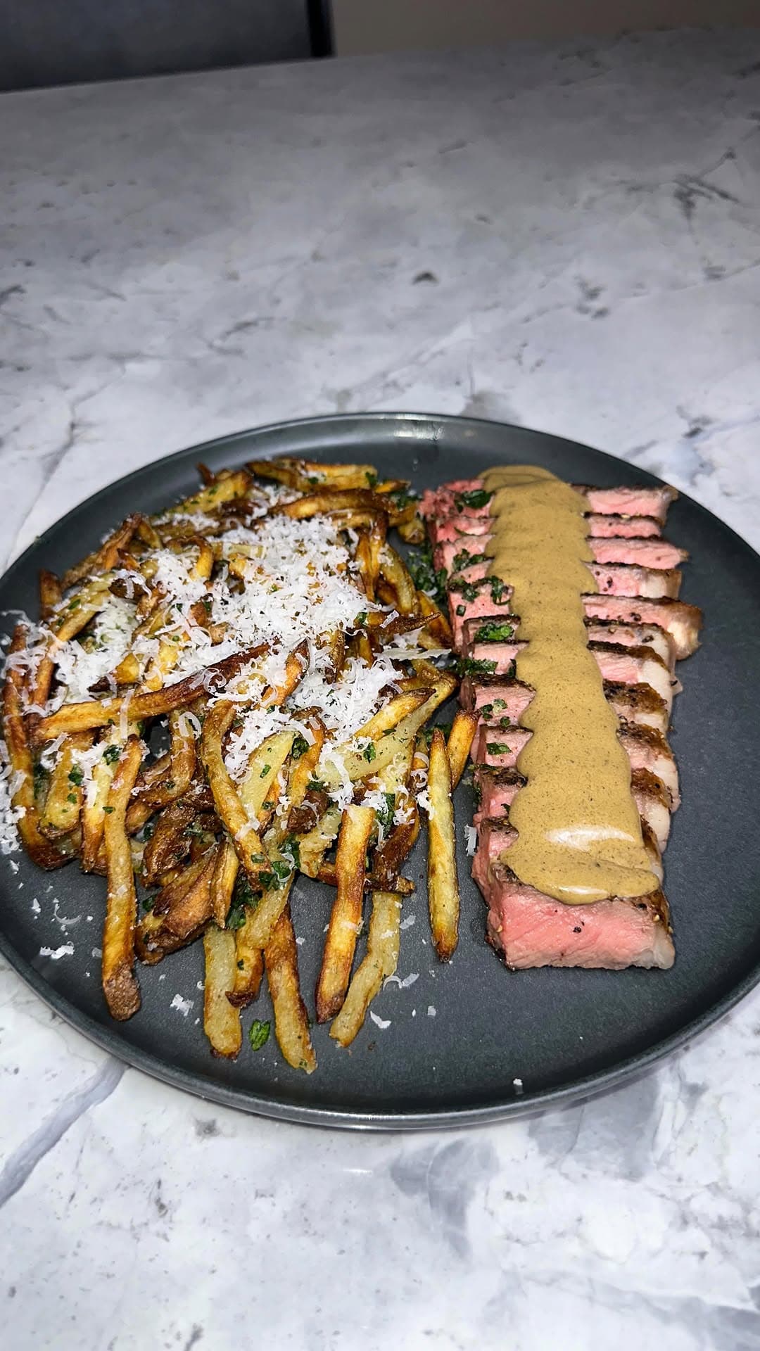 Steak Au Poivre with Crispy Parmesan Truffle Fries recipe