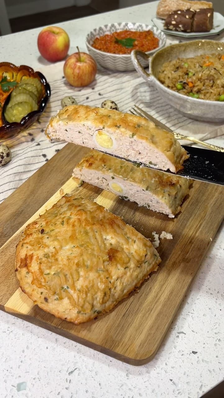 Chicken Meatloaf with Quail Eggs and Apple Glaze recipe