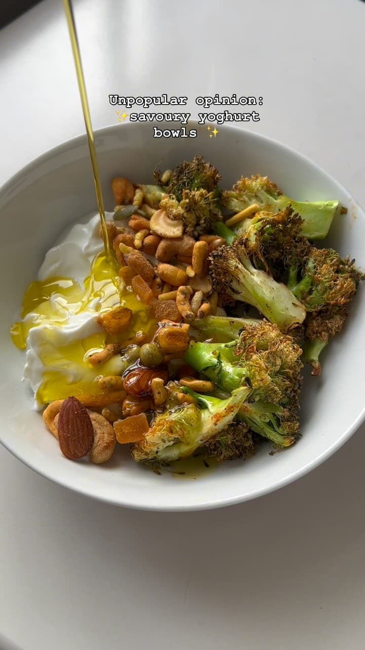 Savoury Yoghurt Bowl with Roasted Broccoli and Crunchy Snacks recipe