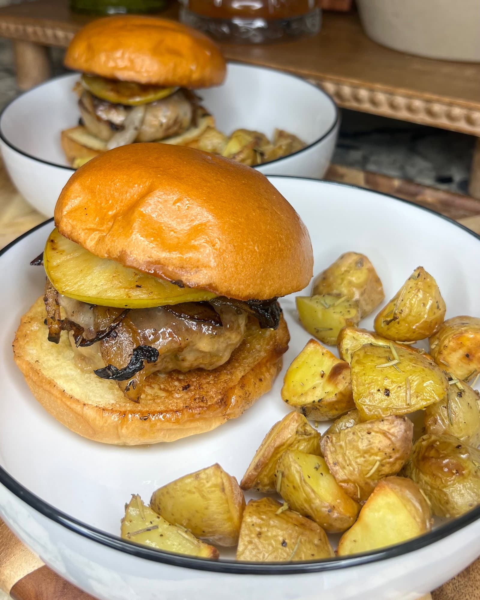 Pork Burgers with Caramelized Onions and Seared Apples recipe