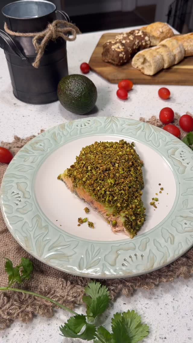 Baked Salmon with Sun-Dried Tomato Avocado Sauce and Pistachio recipe