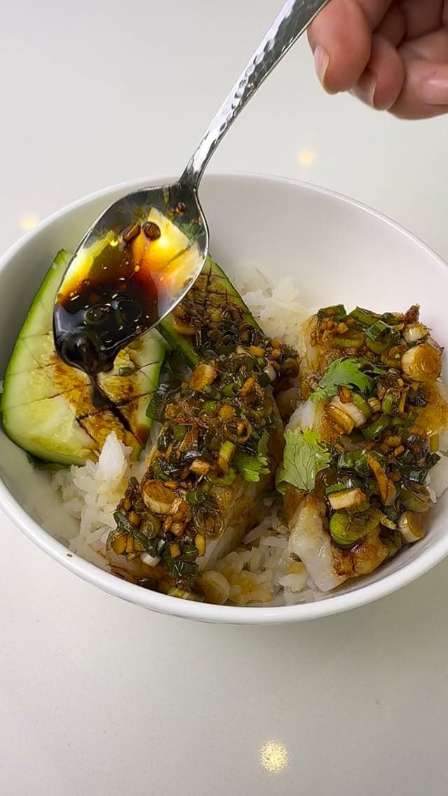 Steamed Cod in Coconut Rice with Ginger Scallion Sauce recipe