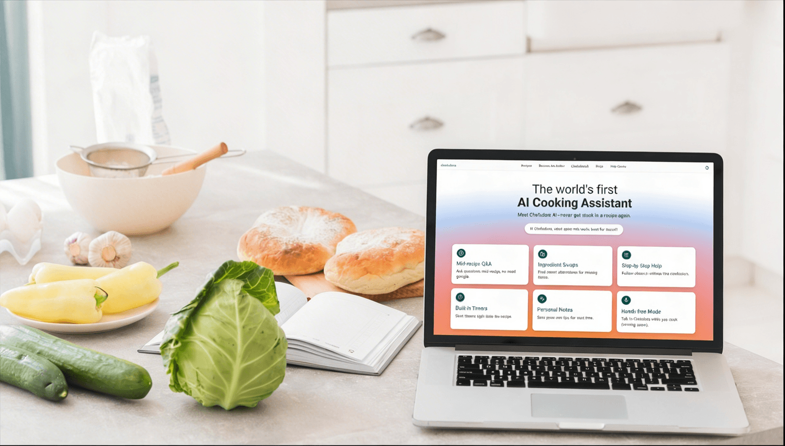 Workspace with fresh vegetables beside a laptop displaying Chefadora, a recipe and food content platform.