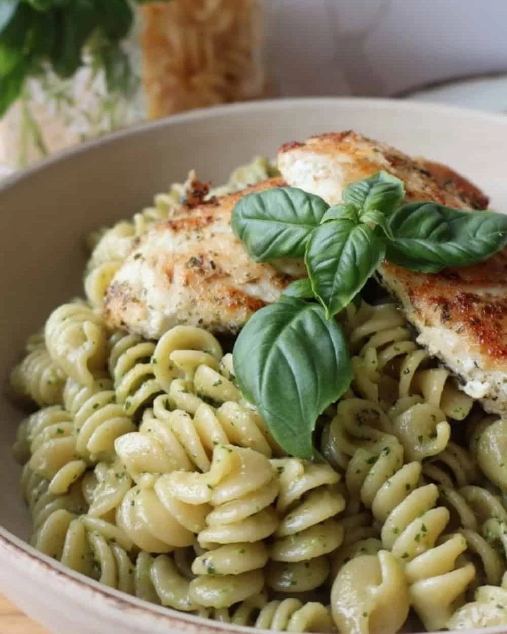 Chicken Tender Pasta with Basil Walnut Pesto recipe