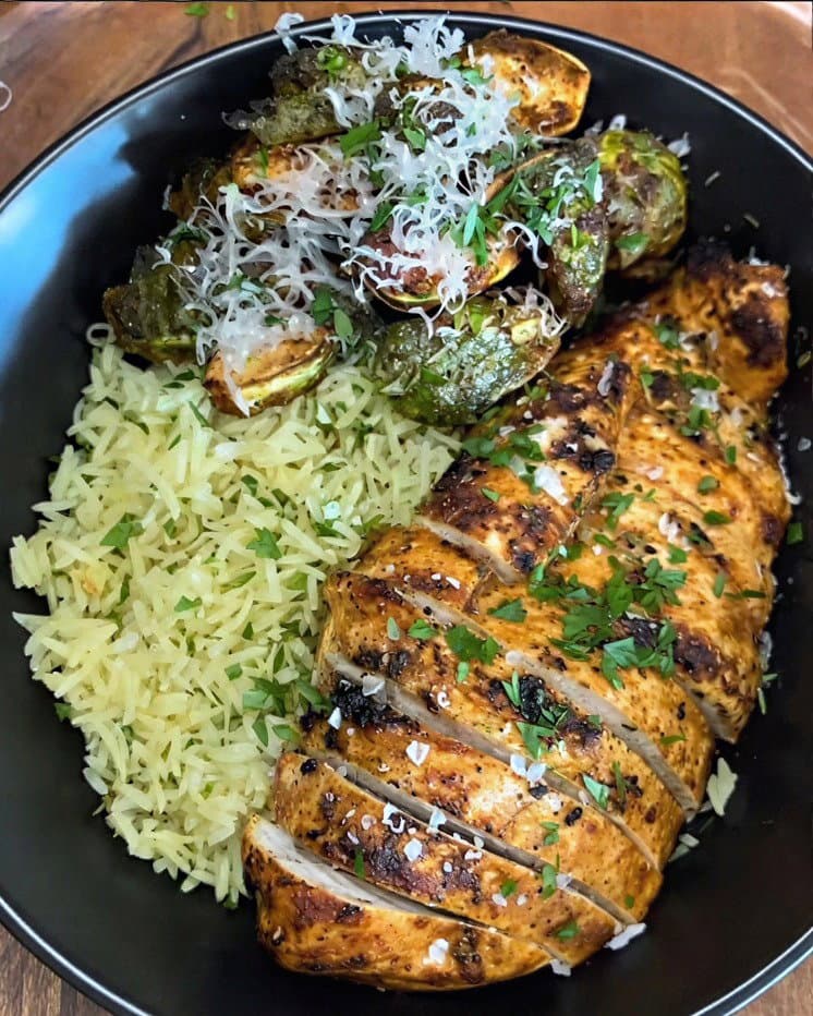 Lemon Herb Rice with Crispy Parmesan Brussels Sprouts and Grilled Chicken recipe
