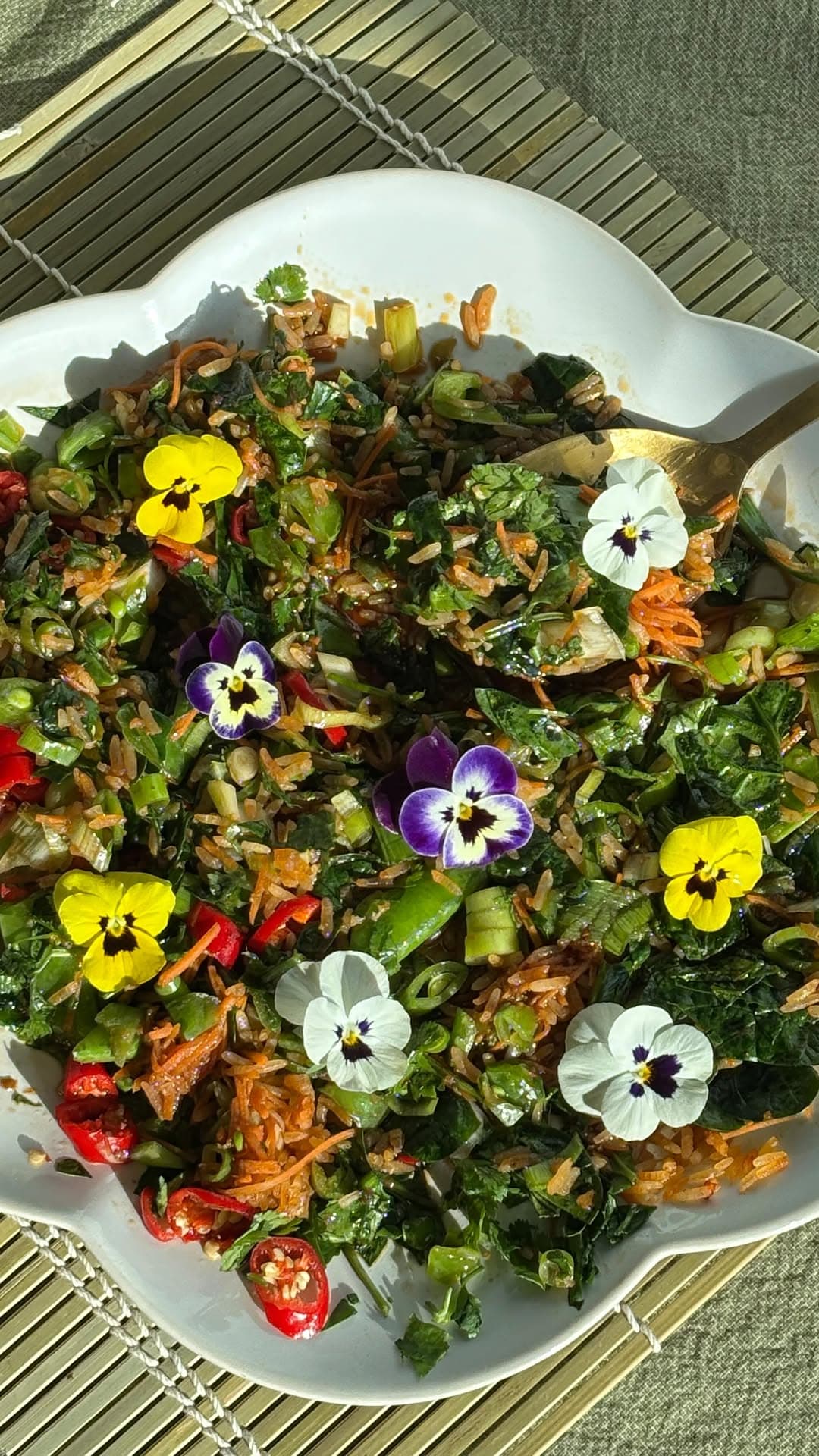 Crispy Rice Salad with Pansy Garnish recipe