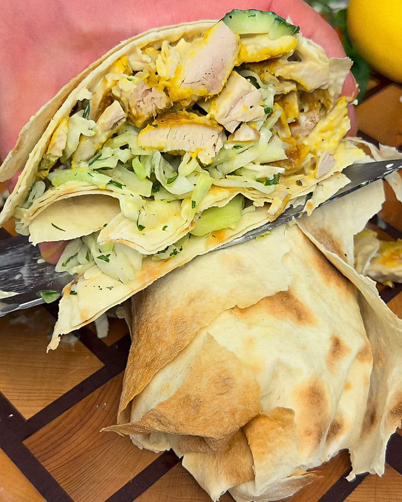 Healthy Mediterranean Chicken Lavash Wrap with Lemon Herb Slaw & Creamy Tahini Sauce recipe